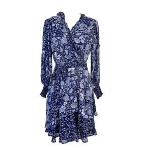 Tahari ASL Dress sz 2 Navy Blue Peach Paisley Sheer Ruffles Wedding Boho Peasant